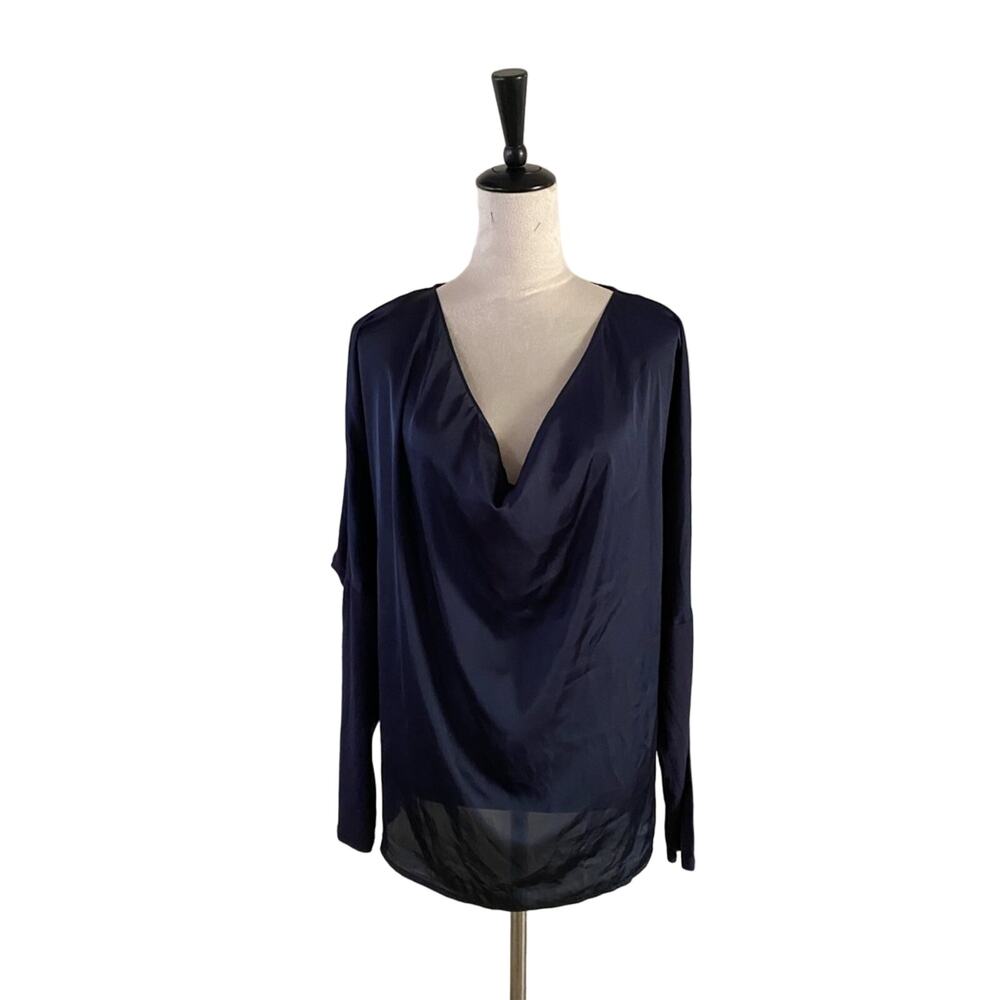 Riccovero Satin V-Neck Long Sleeved Top Indigo Blue